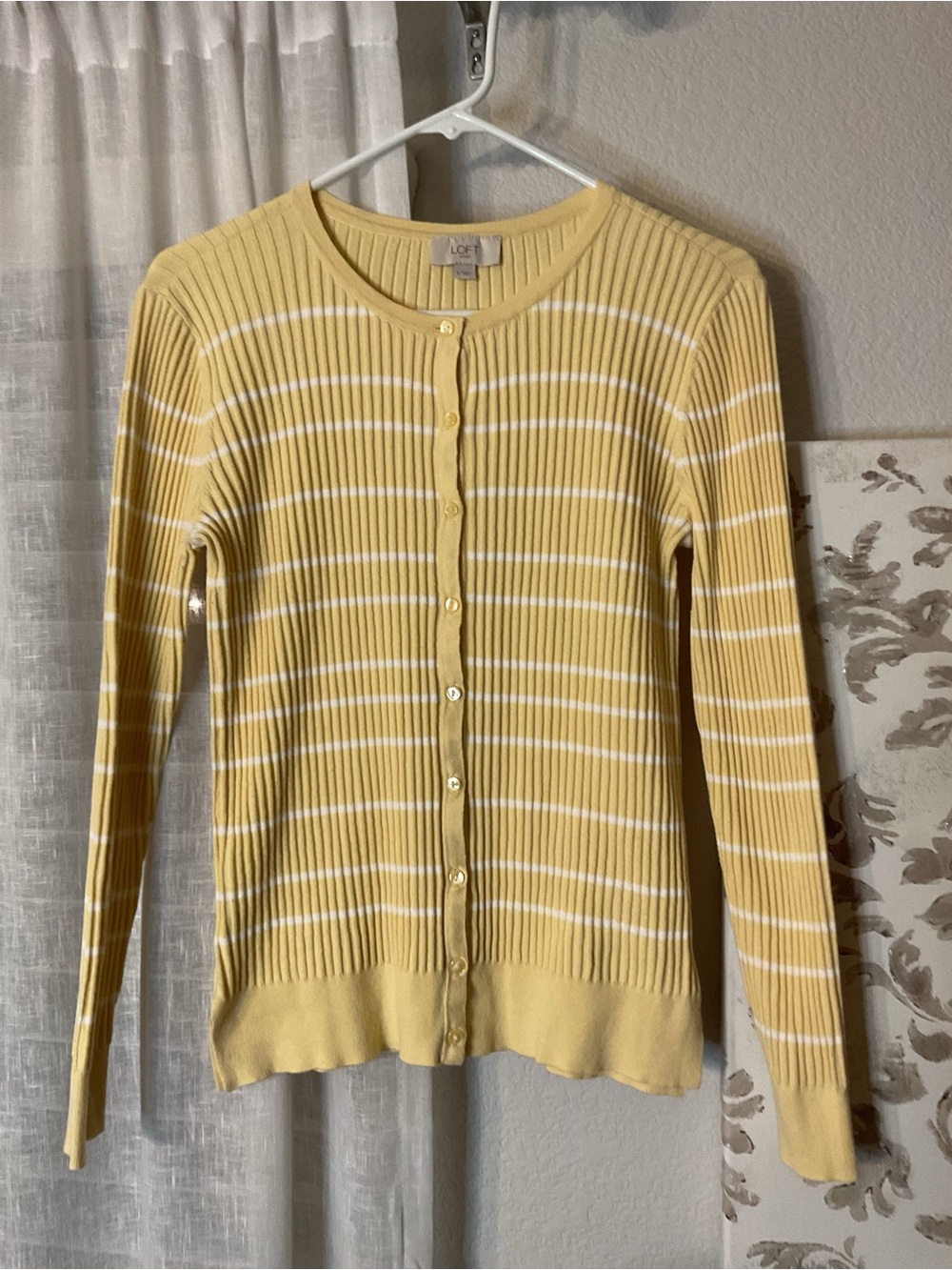 LOFT Yellow Striped Ribbed Cardigan